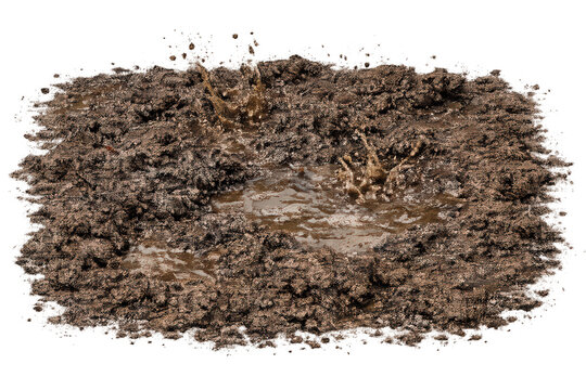 Brown mud puddle splashing water, dirty ground and wet soil texture with transparent background