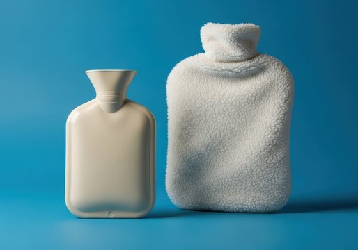 Two hot water bottles one covered with a towel on blue background for pain relief and warmth