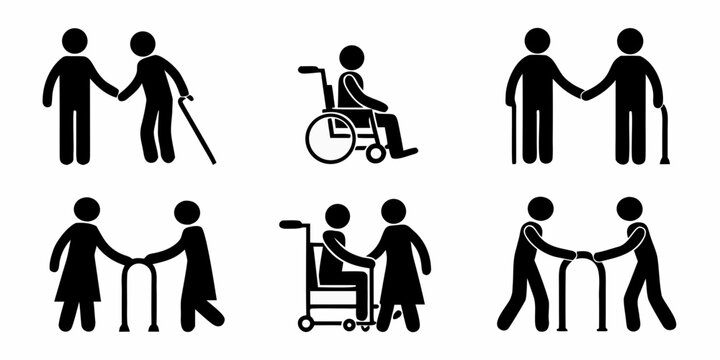 Diverse group of people assisting each other with mobility aids