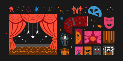 Colorful illustration depicting various elements of theater and performance art