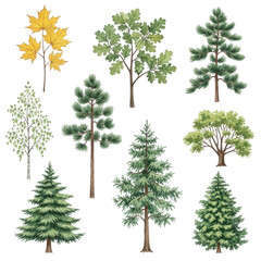 Fototapeta premium A collection of various trees with different shapes and colors isolated on transparent background
