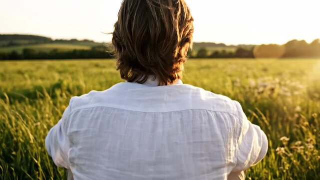 Rear View of Peaceful Man Sitting In Green Grass Field At Sunset, enjoying a moment of peace, solitude.