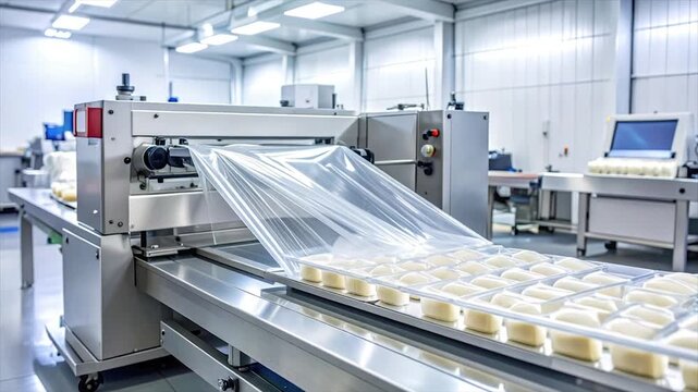 Food processing machine wrapping food trays in a clean, industrial facility