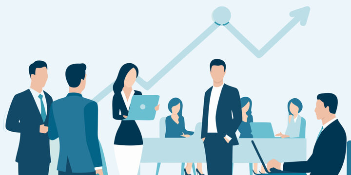 Business professionals discussing growth with an upward trending graph in background