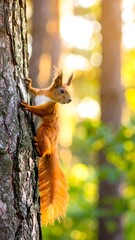 A vibrant orange squirrel clings to a tree trunk in a sun-dappled forest. The animal is alert and focused, bathed in warm light