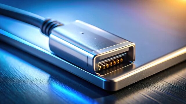 A close-up of a charging cable plugged into a device, with metallic finish