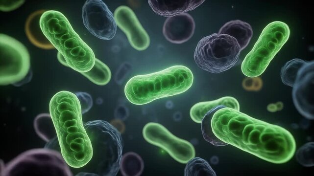 Close-up 3D illustration of green mitochondria inside cells showing biological energy structures