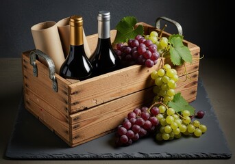 A wooden crate with wine bottles and grapes on a slate plate on dark background