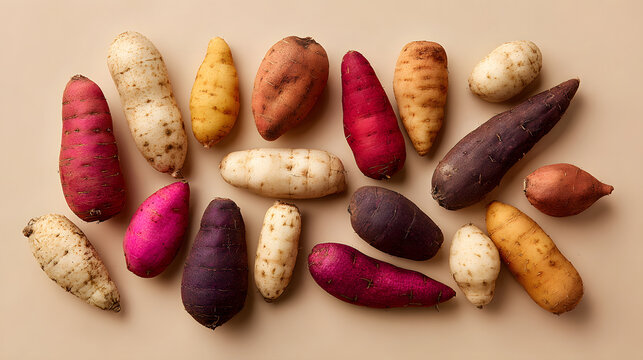 Assorted colorful tubers arranged on beige surface showing variety of shapes and textures in warm light
