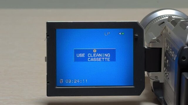 A vintage camcorder slowly rewinds a tape while displaying a head cleaning warning. The internal motor struggles, producing a sluggish and stuttering mechanical click.