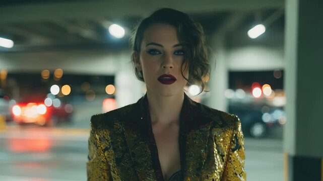 A woman wearing a shimmering gold sequin suit, exuding elegance and style.