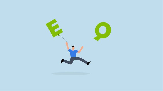 QE tapering FED, 4k animation of Frantic businessman rushes to grab deflating balloon adorned with letters Q and E