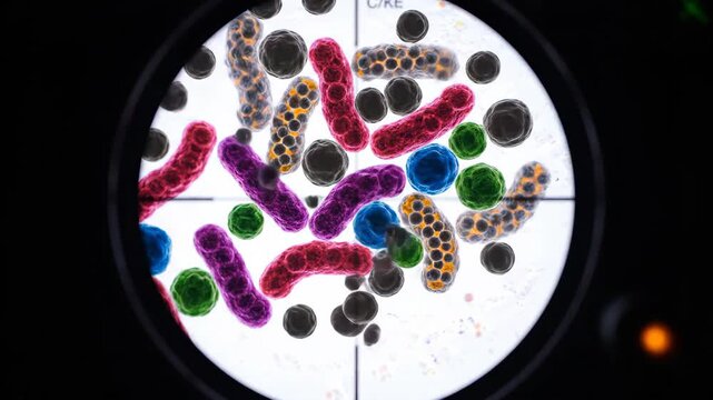 Microscopic view of colorful bacteria and microorganisms under a microscope.