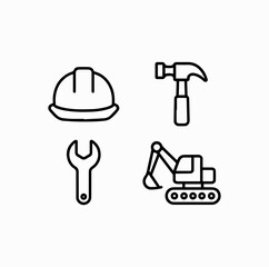Fototapeta premium Construction Tools Line Icon Set with Helmet, Hammer, Wrench and Excavator