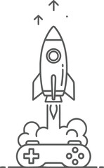 Obraz premium A simple line drawing of a rocket ship launching into space with clouds and symbols.