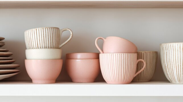 Stacked pink and cream ceramic mugs and bowls sit on a white shelf alongside a stack of plates and other similar cups.  The mugs feature subtle vertical lines