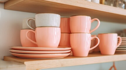 Stacked pink and off-white mugs and matching saucers sit on light wood shelves, against a white wall, suggesting a kitchen or dining area.  A few additional plates are visible in the background