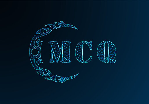Low poly letter logo MCQ design. MCQ letter logo low poly vector design on blue color gradient background. MCQ logo low poly design