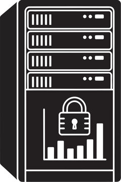 Secure server with padlock and bar graph, protected data concept, cybersecurity and data protection illustration