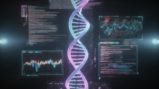 Futuristic DNA double helix with glowing data charts analyzing genetic information and scientific research