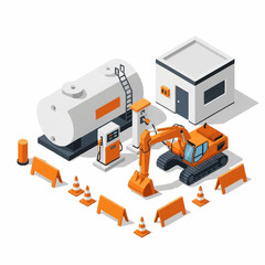 Naklejka premium Industrial construction site with excavator and fuel tank.