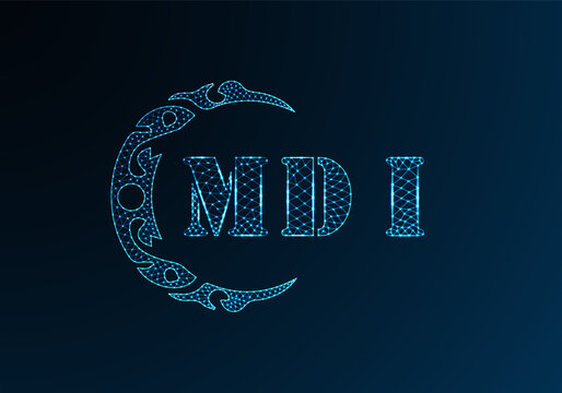 Low poly letter logo MDI design. MDI letter logo low poly vector design on blue color gradient background. MDI logo low poly design
