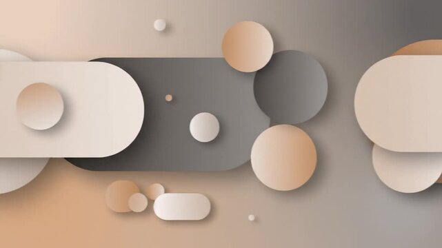 Abstract design with overlapping beige and grey shapes including circles and rounded rectangles on a gradient background