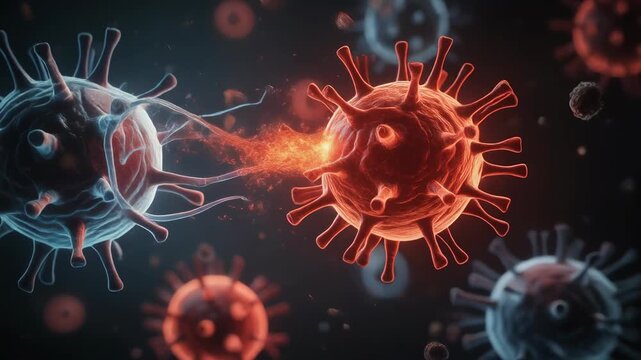 Close up digital illustration of virus cells attacking each other in microscopic view with glowing effects