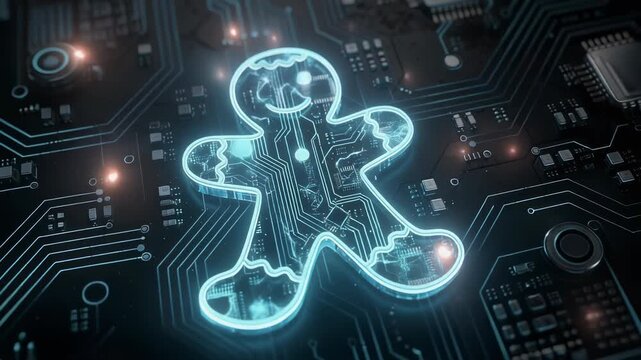 Glowing digital gingerbread man on futuristic computer circuit board with blue neon technology theme