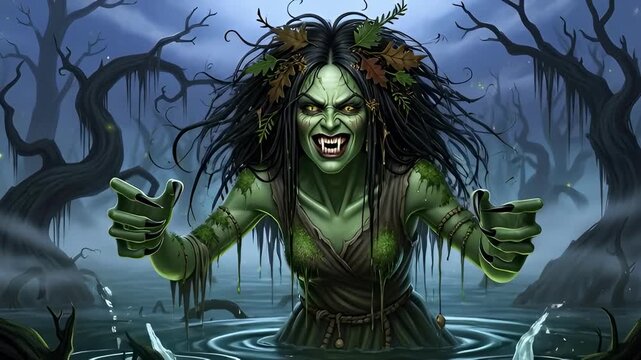 slavic mythology characters eerie swamp ghosts with green skin misty dark marsh fantasy concept folklore concept  