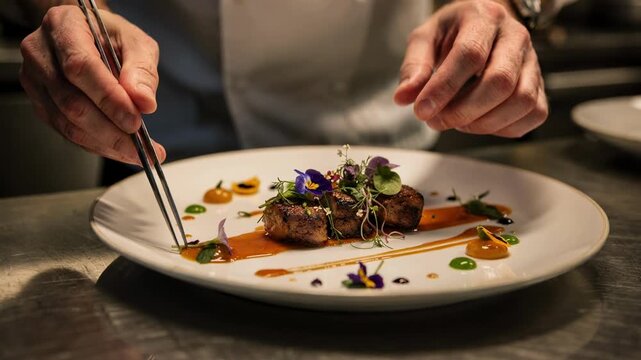 Close medium shot capturing the chefs precise plating of a multicourse tasting menu emphasizing the vibrant sauces and ingredients against a blurred backdrop.
