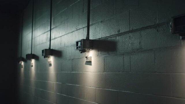 Focused medium shot of a prison cells wallmounted fixtures emphasizing robust security elements and functional simplicity.