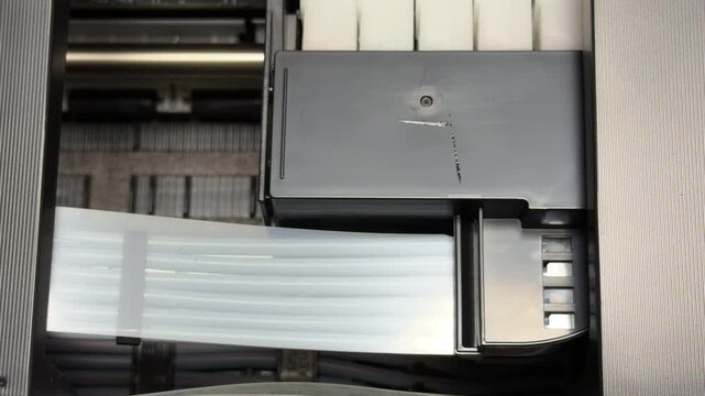The internal print head of the inkjet printer moves rapidly across the metal rail. This startup action produces a series of mechanical whirs and rhythmic, high-pitched clicks.