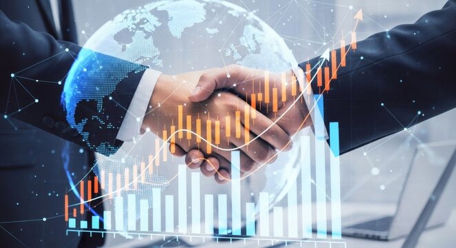 Global business partnership handshake with digital globe and financial growth charts overlay