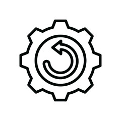 Clean black outline icon representing a circular arrow refresh symbol inside a gear wheel isolated on transparent background