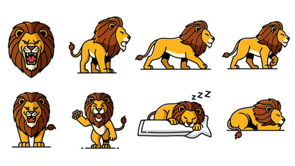 A set of cartoon lion emojis in various poses and expressions on a white background with a playful mood and yellow dominant color. © Rizaldy