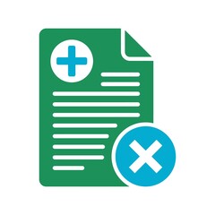 Flat medical document icon with a plus sign and a cross mark representing rejection or error