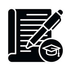 Illustration depicting a pen writing on a scroll with a graduation cap icon representing education or knowledge