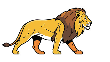 Illustration of a walking lion with a yellow and brown mane against a white background in a cartoon style. © Rizaldy