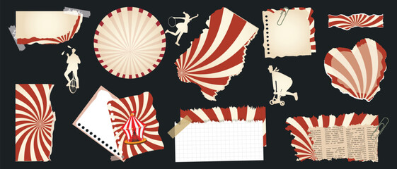 Circus collage elements in retro style, horizontal format. A set of vintage torn sheets, spiral backgrounds, and performer silhouettes for posters, banners, and creative circus-themed designs. © Uliya