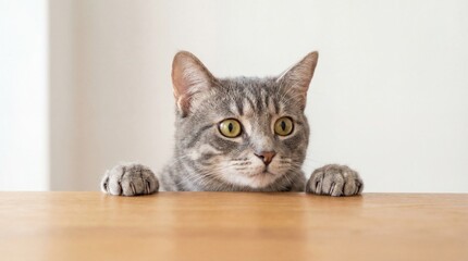 A curious domestic cat peeking over a wooden table with its paws resting on the edge in a well-lit indoor setting