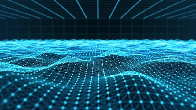 Blue grid on undulating surface with a gridlined backdrop creating a digital space illusion
