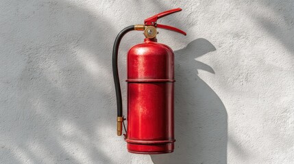 Fototapeta premium A red fire extinguisher hanging on a white textured wall with shadows