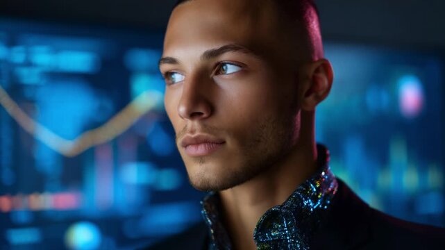 A Confident Young Man in a Stylish Outfit Ponders Financial Data Amid Digital Graphs, Reflecting on Strategy and Future Opportunities.