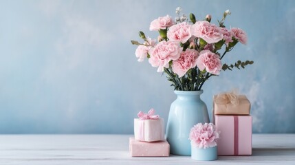 Fototapeta premium A pale blue vase holds a bouquet of light pink carnations, nestled beside thoughtfully wrapped gifts in pastel shades on a whitewashed wooden surface against a textured light blue backdrop