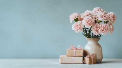 Pale pink carnations in a beige vase sit on a white surface before a light blue wall, accompanied by small gifts wrapped in kraft paper with pale pink ribbons