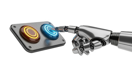 Naklejka premium Robotic hand pressing buttons on control panel with glowing blue and orange lights
