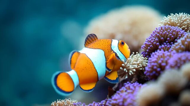 An orange and white clown fish swims gracefully among coral in a vibrant ocean setting.