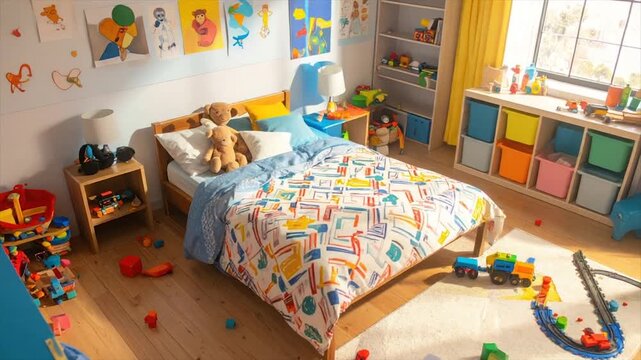A sunny child's bedroom scene, bed with toys, art, and storage. Toys and train set scattered