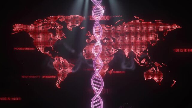 Digital world map with glowing DNA strand symbolizing global genetics and biotechnology innovation